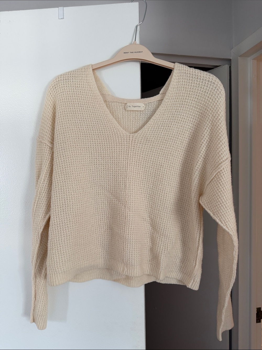 By Together Cream V-Neck Waffle Knit Sweater